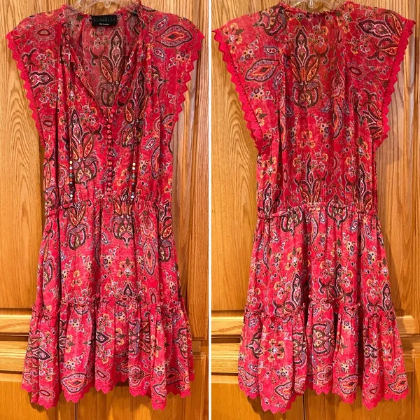Sunrise by The Kooples Reef Paisley Print‎ Silk Chiffon Mini Dress Pink Size 2 - Image 6