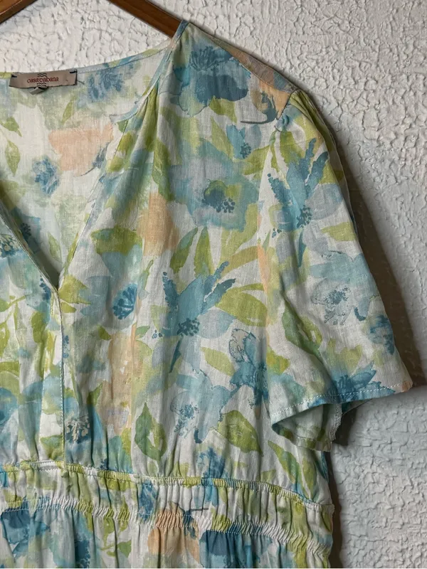 Floral V-Neck Linen Blend Cottagecore Maxi Dress in Pastel Blue & Green - Image 4
