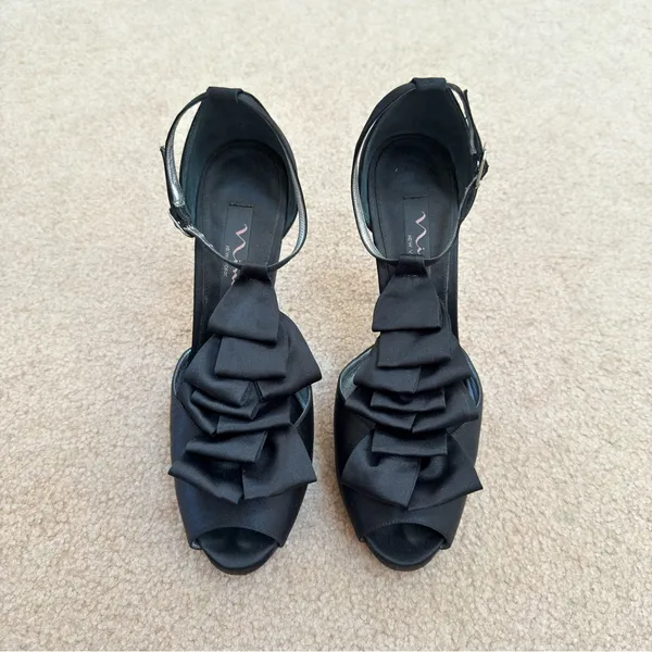 Nina Elga Black Satin Ruffle Platform Peep-Toe Stiletto Heels 7 - Image 6