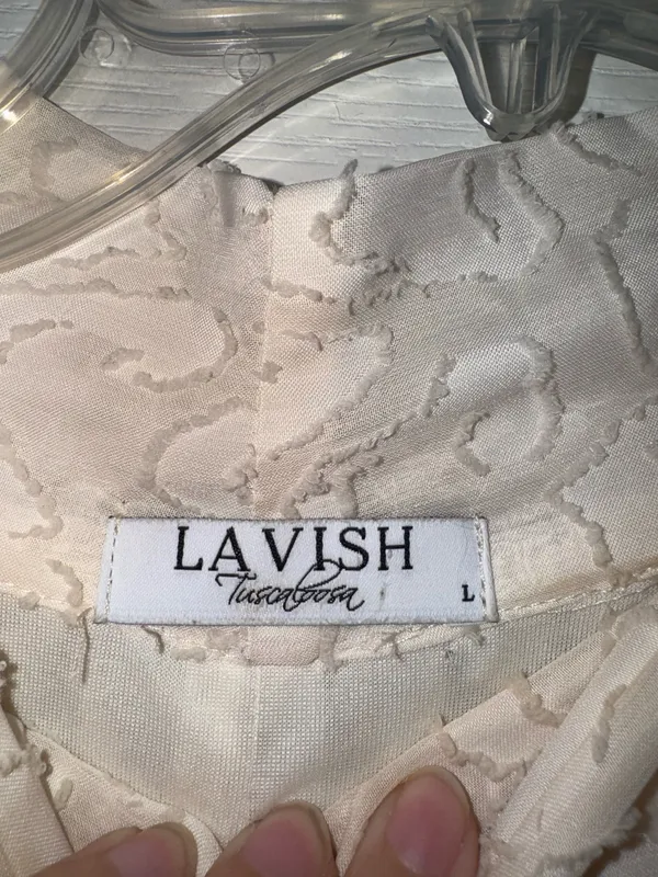 Lavish Tuscaloosa white cream Tie-Neck Ruffle leopard smocked waist dress - Image 3