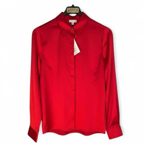 NWT A new day ong Sleeve Collared Satin Button Down Shirt Scarlet Red. XS - Image 5
