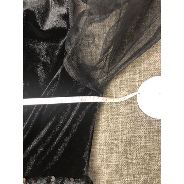 Black Velvet and Sequin Mini Dress Sheer Mesh Long Sleeve V-Neck Party Cocktail - Image 6