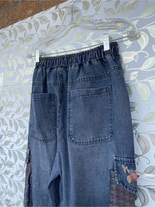 Retro Floral Embroidered Denim Cargo Jeans Antique Purplish Wash Small - Image 9
