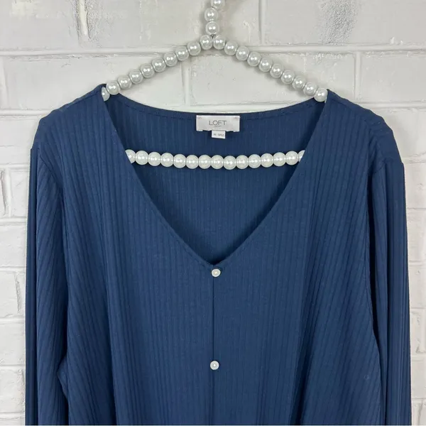 LOFT Navy Ribbed Knit Button Tie Front Long Sleeve Top Size XL - Image 3