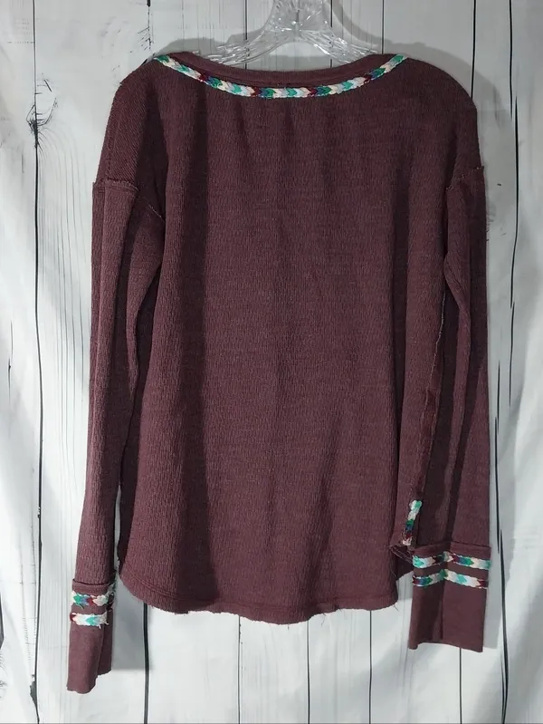 We The Free Plum Henley Boho Hippie Indie Earthcore Waffle Knit Long Sleeve Top - Image 8
