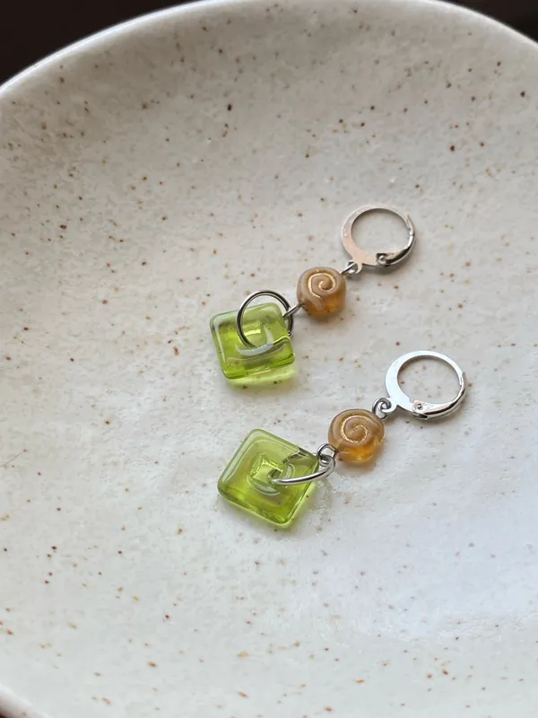 Handmade boho vintage aesthetic fairy style Czech glass beads dangle earrings🍃🌙🌳🫒🌀 - Image 4