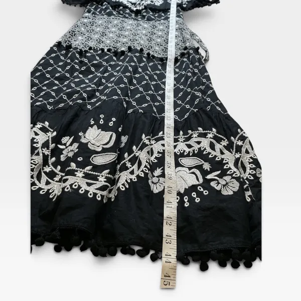 Anthropologie Black Embroidered Cotton Midi Dress Smocked Waist Pom Pom Trim 12 - Image 6