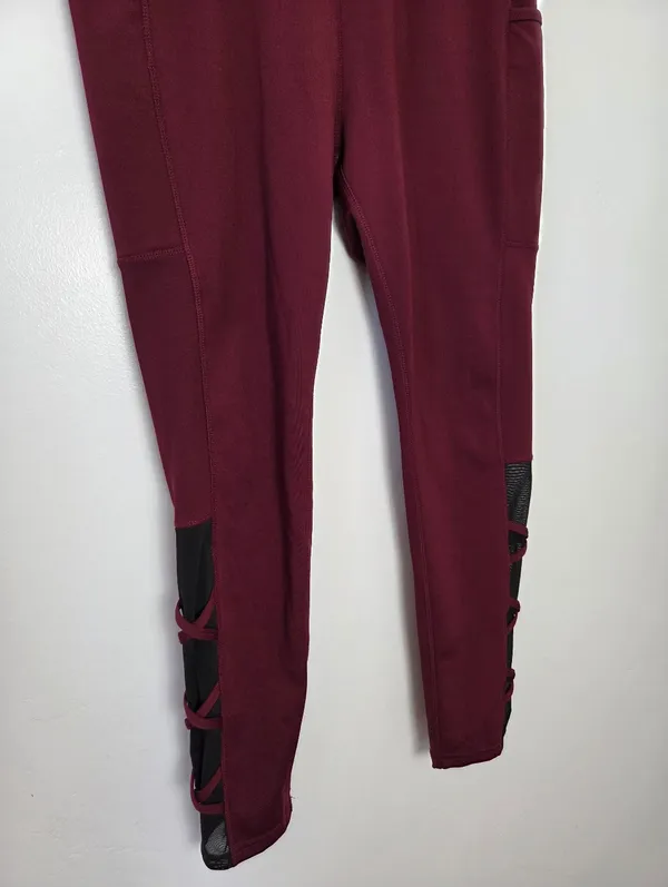 Popfit Lily Flex Leggings Maroon Burgundy Red Criss Cross Athletic Ankle Large - Image 3