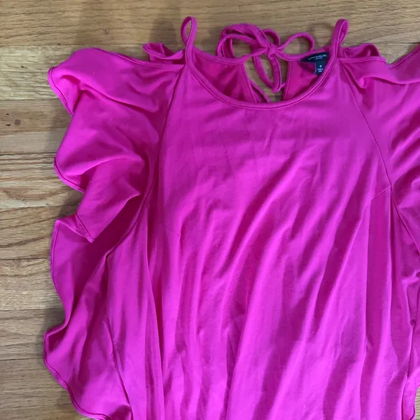 Ann Taylor Ruffle Cold Shoulder Dress 8 Hot Pink Rayon Knit Mini Shift - Image 3