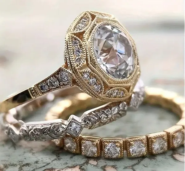 &merci Women’s Golden Cubic Zirconia Geometry Shape 3 Piece Ring Set Size 6 - Image 5