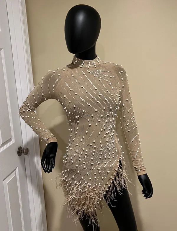Rhinestones mini dress long sleeve pearl dress mock neck dress fringe feathers dress Sequin Dress - Image 8