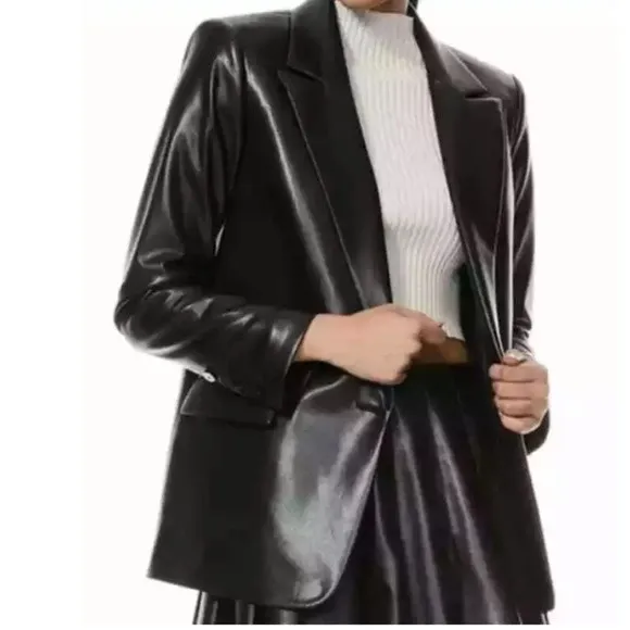 Joie Black Vegan Leather Button Up Jacket Blazer M Medium - Image 5