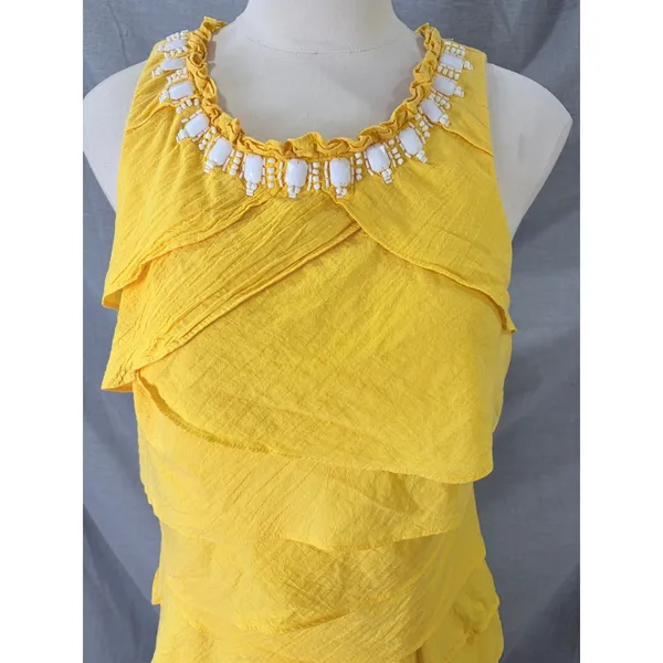 S.L. Fashions Yellow Tiered Ruffle Dress Beaded‎ Neckline 14 Vacation - Image 2
