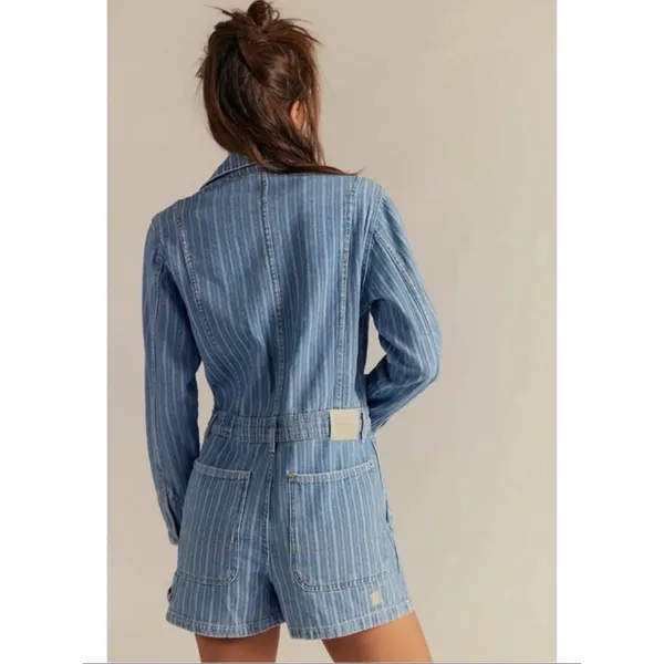 Free People Downtown Denim Railroad Patchwork Coveralls Romper Small Bohemian - Image 3