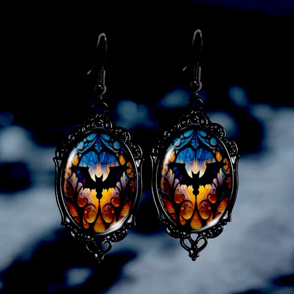 Vintage Cameo Style Gothic Bat Earrings‎ Glass Encased Alloy & Iron Hook - Image 7