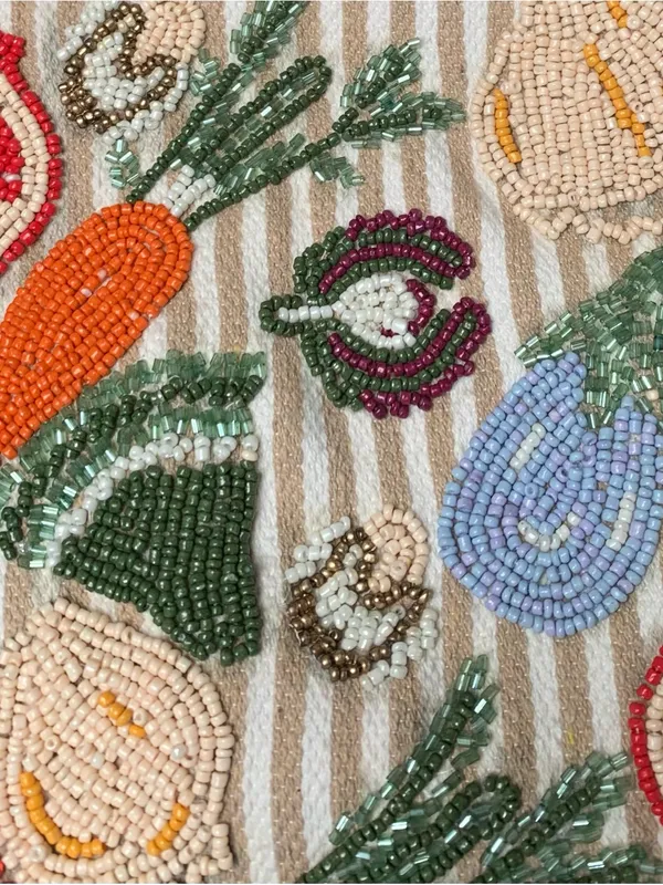 New Release! Beaded Striped “Vegetable" Tote Bag with Adjustable Detachable Strap White - Image 11