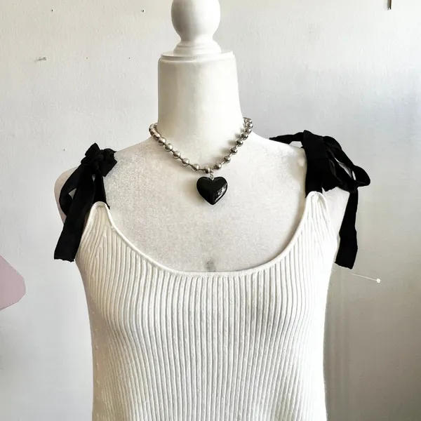 Zara White Ribbed Bow‎ Tank Top Y2K 2000s Coquette Retro Small - Image 2