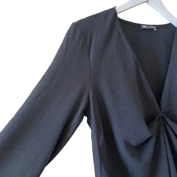 ZARA Black SHORT DRAPED DRESS Long Sleeves V-Neck Women’s Minimalist SZ S #1669 - Image 8