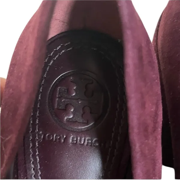Tory Burch Lucia Pumps Women's 6.5 Burgundy Purple Fig Suede Sculpted Heel - Image 10