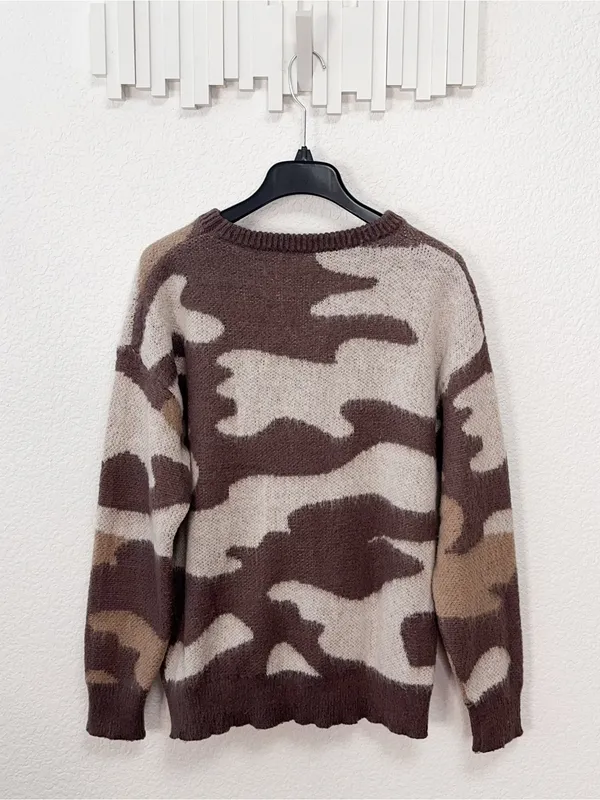 Amazon Brown Neutral Camo Print Crewneck Pullover Knit Sweater - Image 6