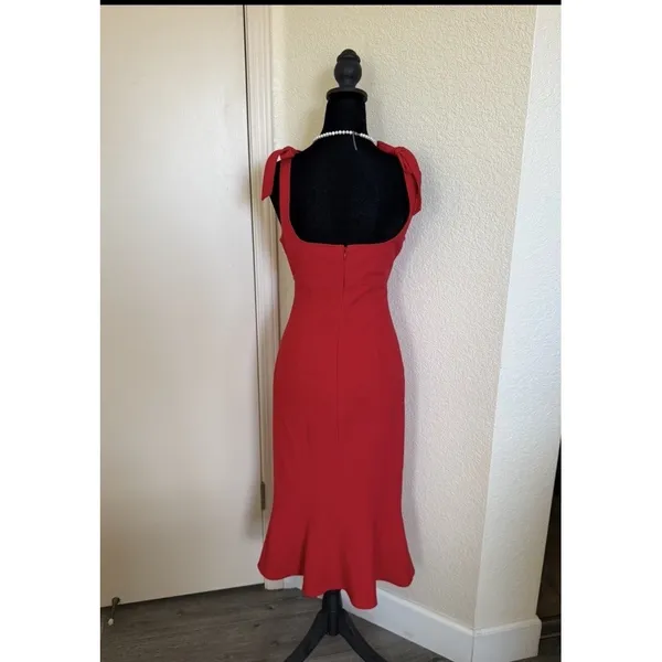 LIKELY Red Midi Dress Womens US 4 Tie Shoulder Mermaid Hem Bodycon Cocktail - Image 2