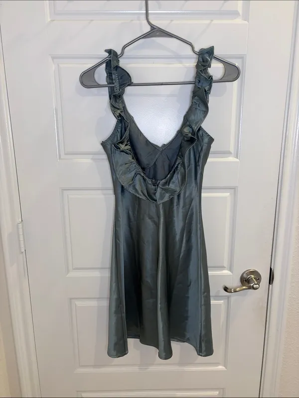 NWT Nasty Gal Sage Green Satin Ruffle Mini Dress Size 4 - Image 4