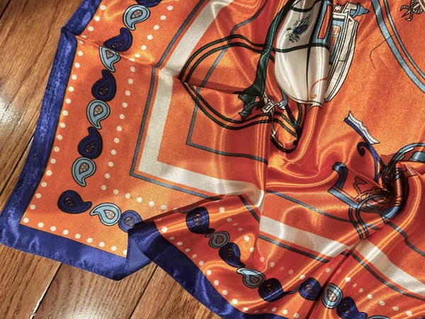 Vintage Equestrian HORSE&CARRIAGE print orange/blue oversized silky Scarf 35/35 - Image 13