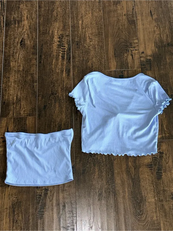 Blue Ribbed Short Sleeve Cardigan and Tube Top Set - Image 2