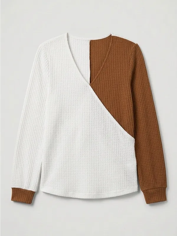 SHEIN Two-Tone Waffle-Knit V-Neck Sweater in Cream & Brown - Image 2