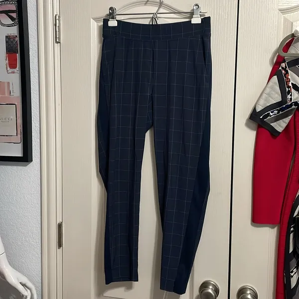 Athleta Brooklyn‎ Textured Ankle Pants Navy Windowpane Print Athleisure - Image 3