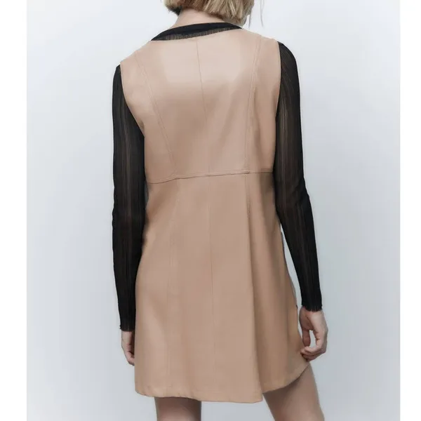 Zara FAUX LEATHER MINI PINAFORE DRESS in Beige - Image 3