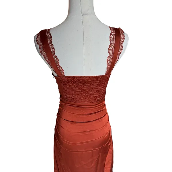 ASTR the Label - Alva Ruched Lace Trim Midi Slip Dress Rust Satin Sz XS - Image 6