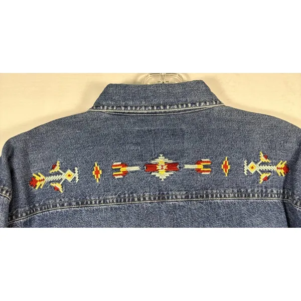Woolrich Denim Button Down Shirt Southwestern Embroidered Blue Long‎ Sleeve M - Image 3