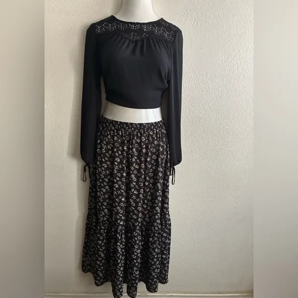 Catch Stitch Floral Print High Waist Frill A Line Flared Long Black Skirt M - Image 3
