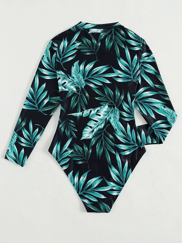 SHEIN Black One-Piece Rash Guard Swimsuit with Green Tropical Leaf Print - Image 2