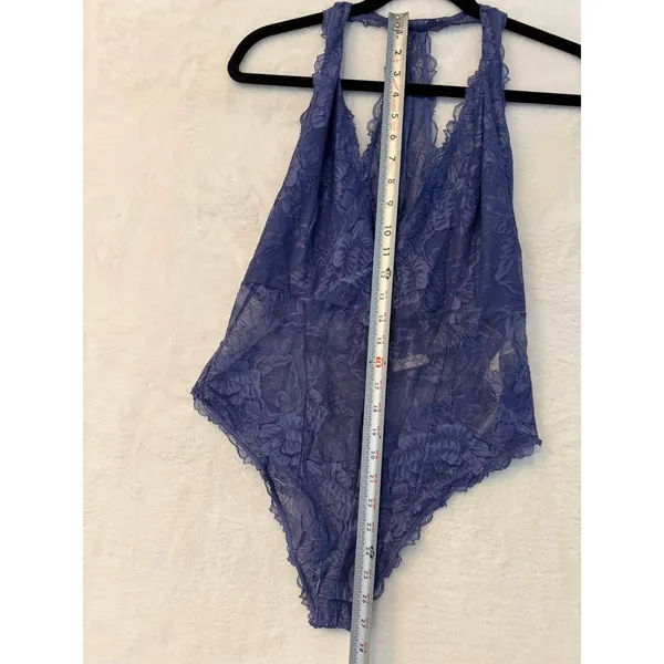 Free People‎ Blue Floral Lace Racerback Bodysuit Plunging V-Neck Lingerie Medium - Image 6