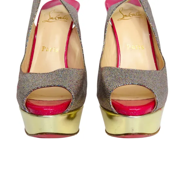 Christian Louboutin Lady Peep Slingback Glitter Pumps Platine Gold Pink Red 36.5 - Image 4