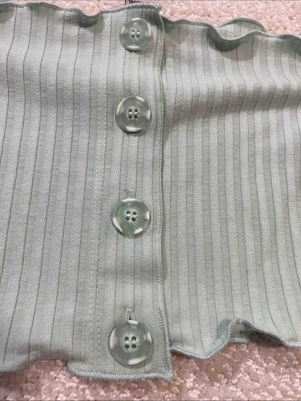 Ribbed Off-Shoulder Button Crop Top in Sage Green Size S Shell 91% Tencel - Image 5