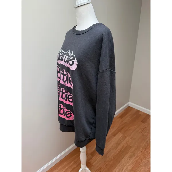 Primark Barbie Sweatshirt Womens Medium Gray Pink Oversized Graphic Logo Y2K Streetwear - Image 3