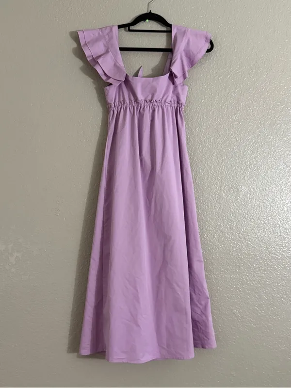 DREW XS Lilac Bow Tie Midi Dress Wedding Guest Kawaii Pastel Romantic Fairy - Image 8