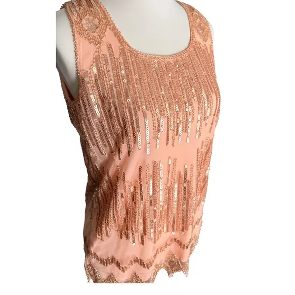 PrettyGuide Rose Gold Sequin Flapper Tank Top Sleeveless Mesh Scalloped Hem S‎ - Image 2