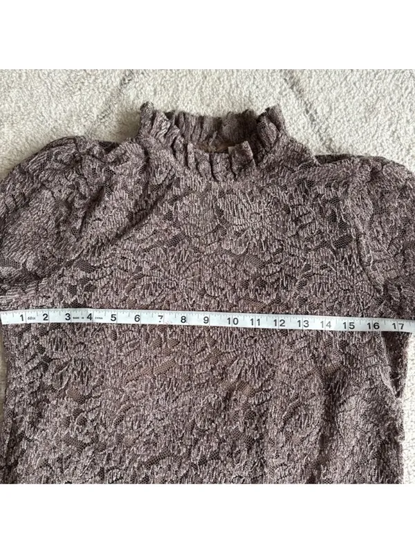 Eri + Ali Anthropologie Brown Floral Lace Blouse Ruffle High Neck Bell Sleeve - Image 4