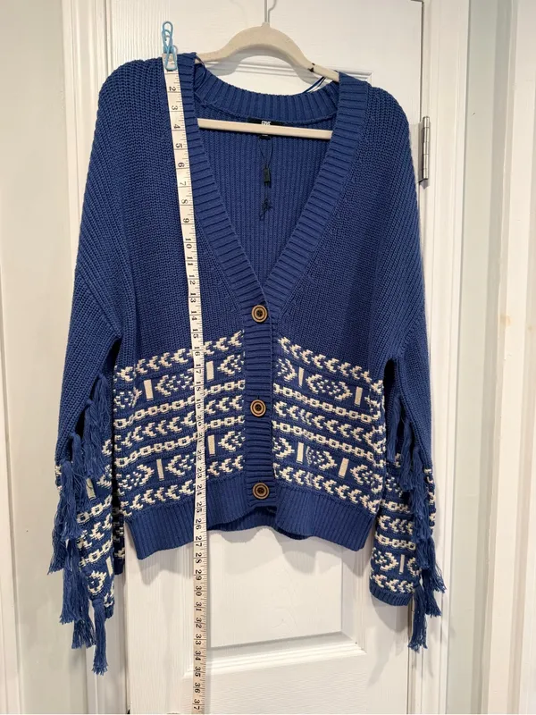 NWT FRYE Size L Blue Cream Fair Isle Fringe Cotton Button Cardigan Sweater Boho - Image 9