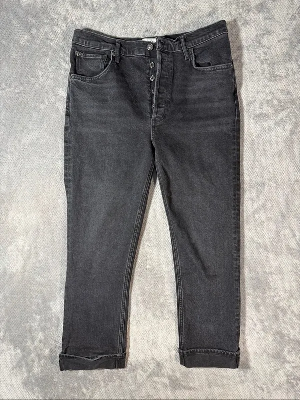 AGOLDE Size 31 High Rise Straight Leg Jeans Washed Black Button Fly Cuffed Hem - Image 5