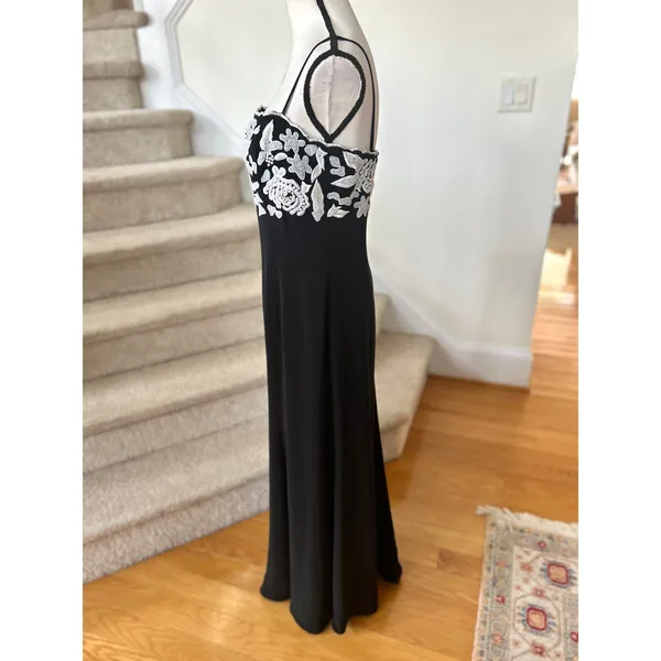 Vintage Y2K 90s Black & White Rose Floral Beaded Maxi Gown Whimsygoth Romantic - Image 2