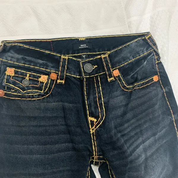 True Religion Women's Dark Blue Skinny Jeans with Yellow Contrast Stitching - Image 5