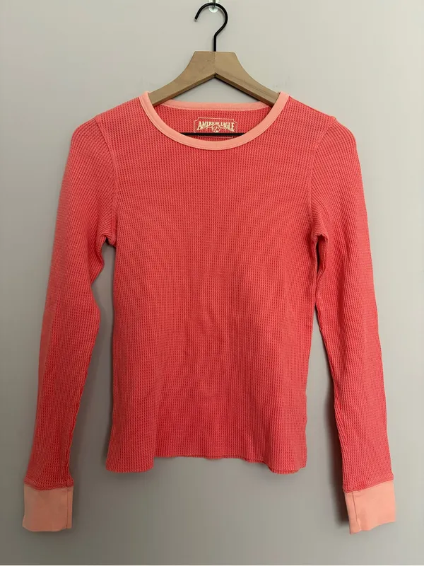 American Eagle Coral Waffle Knit Ringer Thermal Small - Image 2