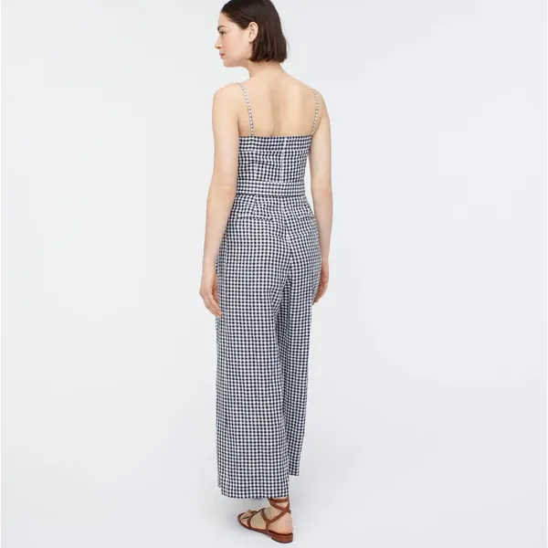 NWT J.Crew Tie-waist Linen Jumpsuit in Navy White Gingham Belted 1-Piece 4 - Image 3