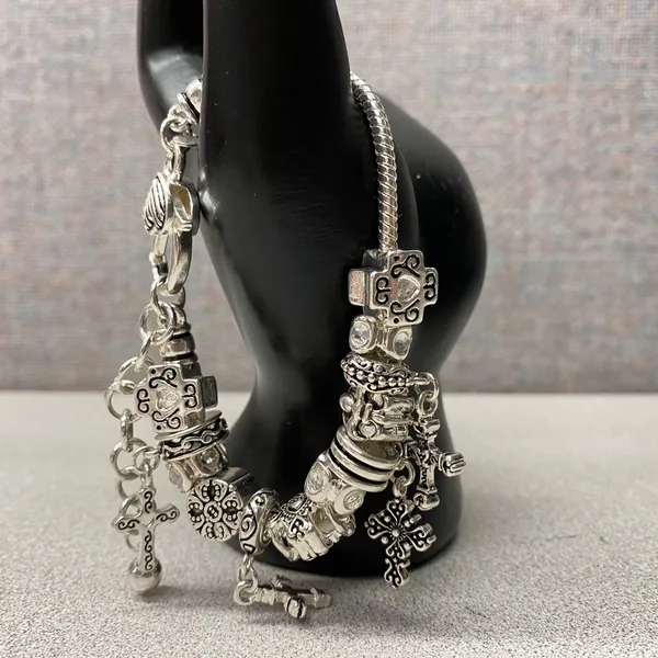 Premier Designs Silver Tone Charm Bracelet Cross Heart Dangle Beads Luck Scroll - Image 3
