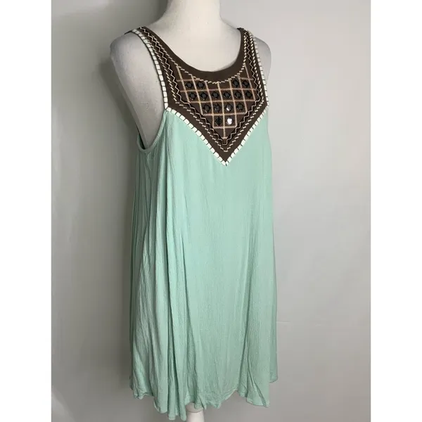 Umgee Sleeveless Mint Green Bead & Metallic Detail Short Shift Dress S - Image 3